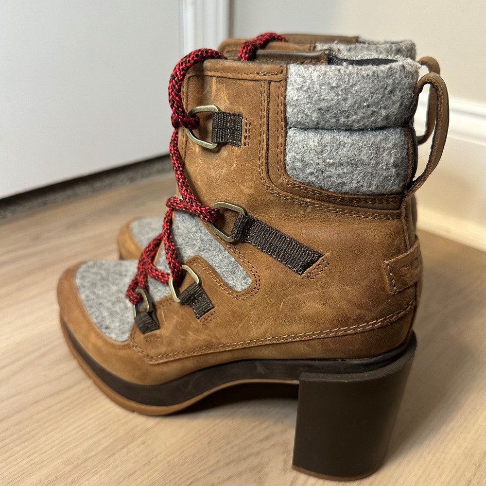 Sorel Women's Blake Lace Up High Heel Booties Size 7.5 Brown Tan Gray Shoes - Picture 3 of 9